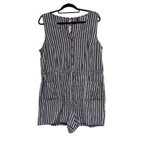 Derek Heart 1X Gray Stripe Chambray Button Down Romper 100% cotton Pocket Preppy